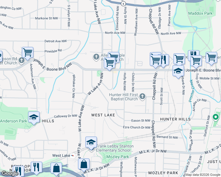 map of restaurants, bars, coffee shops, grocery stores, and more near 252 West Lake Drive Northwest in Atlanta