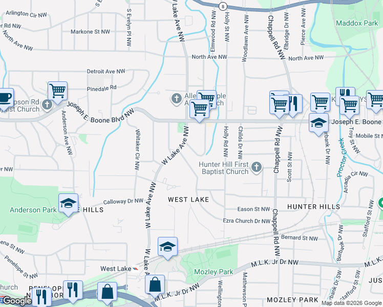 map of restaurants, bars, coffee shops, grocery stores, and more near 263 West Lake Avenue Northwest in Atlanta