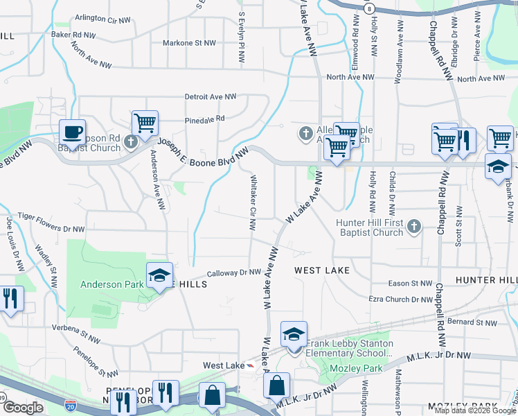 map of restaurants, bars, coffee shops, grocery stores, and more near 222 Whitaker Circle Northwest in Atlanta