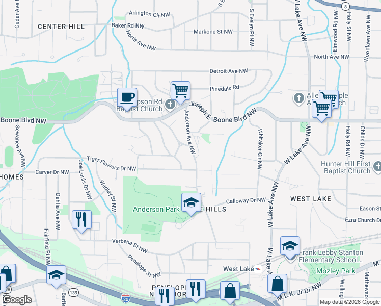 map of restaurants, bars, coffee shops, grocery stores, and more near 250 Anderson Avenue Northwest in Atlanta