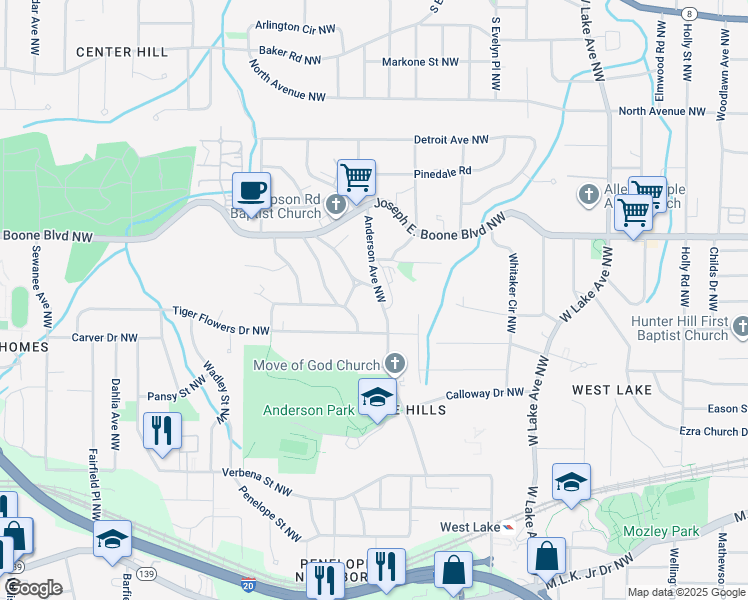 map of restaurants, bars, coffee shops, grocery stores, and more near 250 Anderson Avenue Northwest in Atlanta