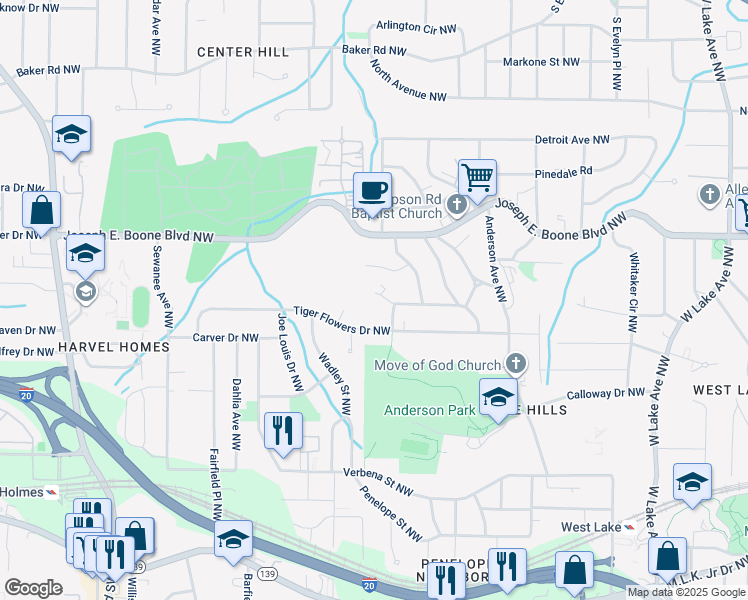map of restaurants, bars, coffee shops, grocery stores, and more near 2087 Morehouse Drive Northwest in Atlanta