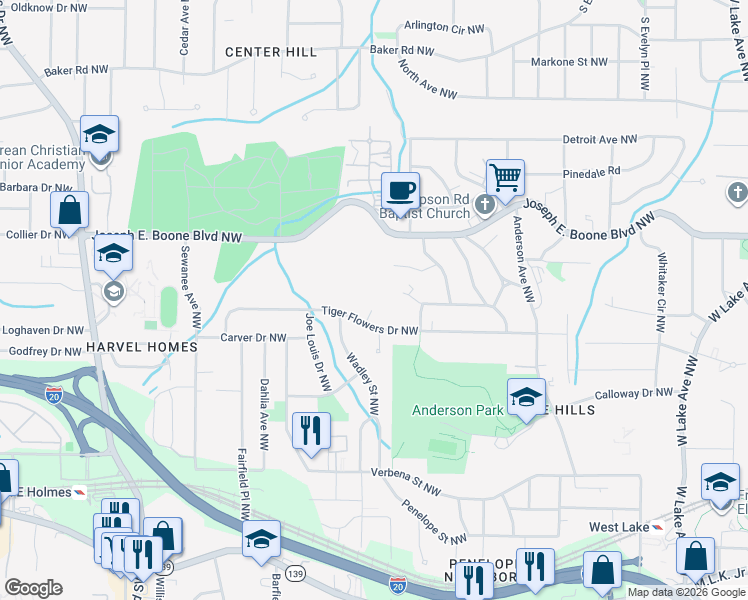 map of restaurants, bars, coffee shops, grocery stores, and more near 256 Tiger Flowers Circle Northwest in Atlanta