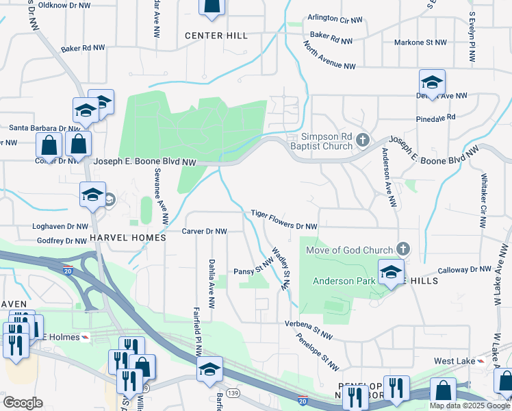 map of restaurants, bars, coffee shops, grocery stores, and more near 2191 Tiger Flowers Drive Northwest in Atlanta
