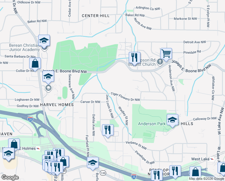 map of restaurants, bars, coffee shops, grocery stores, and more near 2150 Simpson Road Northwest in Atlanta