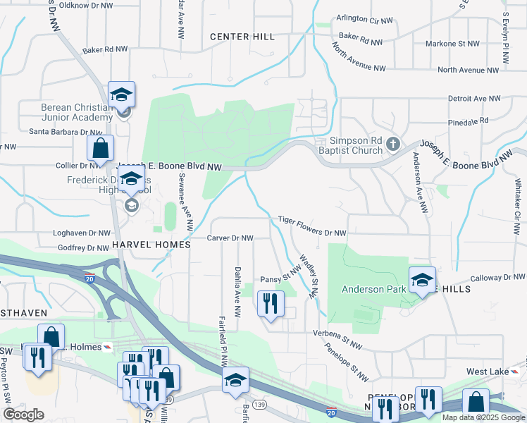 map of restaurants, bars, coffee shops, grocery stores, and more near 2229 Tiger Flowers Drive Northwest in Atlanta