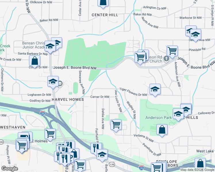 map of restaurants, bars, coffee shops, grocery stores, and more near 2275 Tiger Flowers Drive Northwest in Atlanta