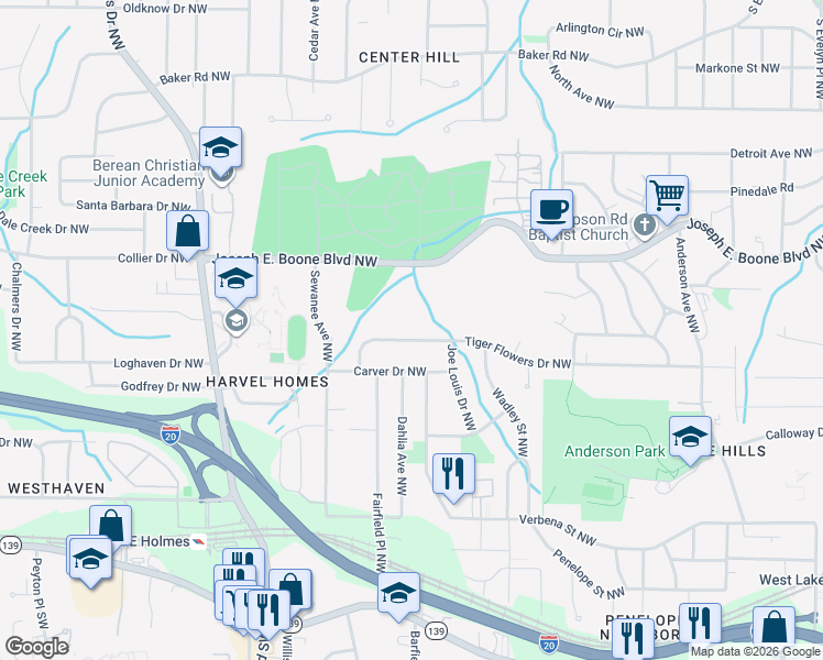 map of restaurants, bars, coffee shops, grocery stores, and more near 2275 Tiger Flowers Drive Northwest in Atlanta