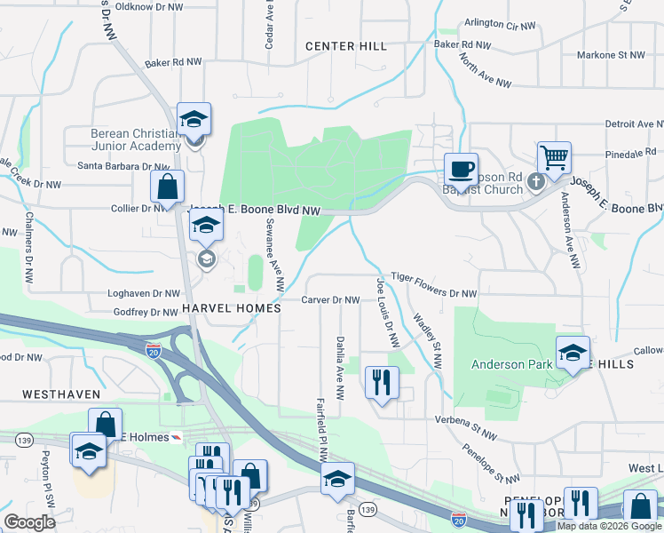 map of restaurants, bars, coffee shops, grocery stores, and more near 2275 Tiger Flowers Drive Northwest in Atlanta