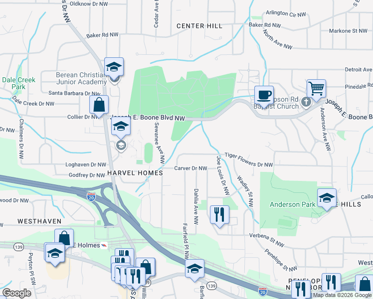 map of restaurants, bars, coffee shops, grocery stores, and more near 2274 Joseph E. Boone Boulevard Northwest in Atlanta
