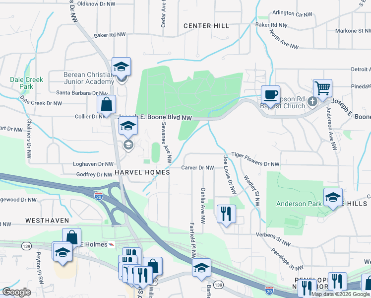 map of restaurants, bars, coffee shops, grocery stores, and more near 2274 Joseph E. Boone Boulevard Northwest in Atlanta