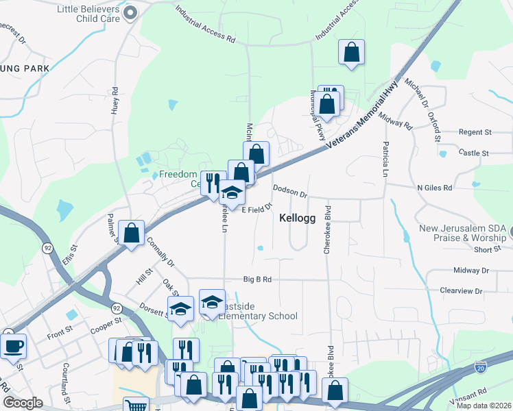 map of restaurants, bars, coffee shops, grocery stores, and more near 7987 East Field Drive in Douglasville