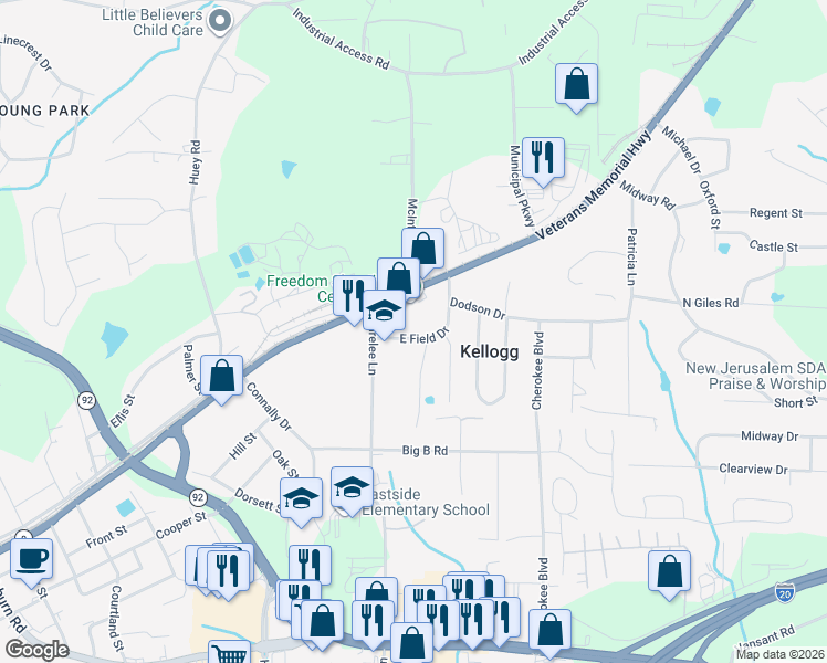 map of restaurants, bars, coffee shops, grocery stores, and more near 7993 East Field Drive in Douglasville