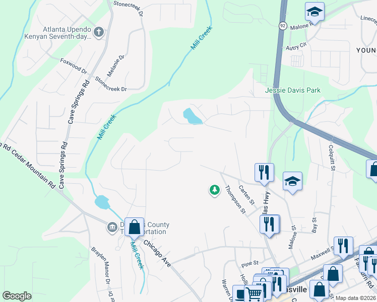 map of restaurants, bars, coffee shops, grocery stores, and more near 6847 John Clark Drive in Douglasville