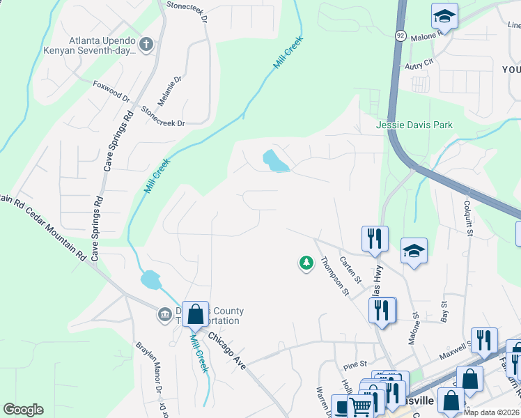 map of restaurants, bars, coffee shops, grocery stores, and more near 6847 John Clark Drive in Douglasville