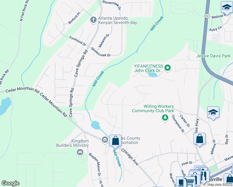 map of restaurants, bars, coffee shops, grocery stores, and more near 7104 Skippingstone Way in Douglasville
