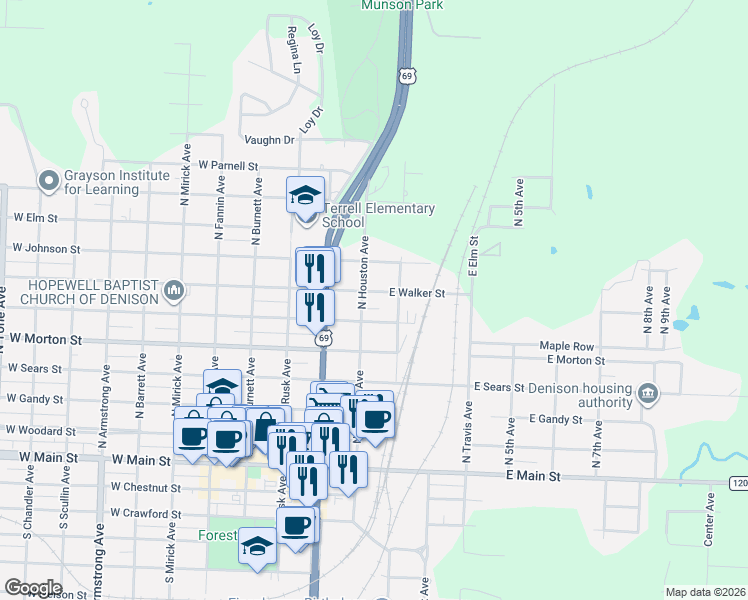 map of restaurants, bars, coffee shops, grocery stores, and more near 121 East Walker Street in Denison