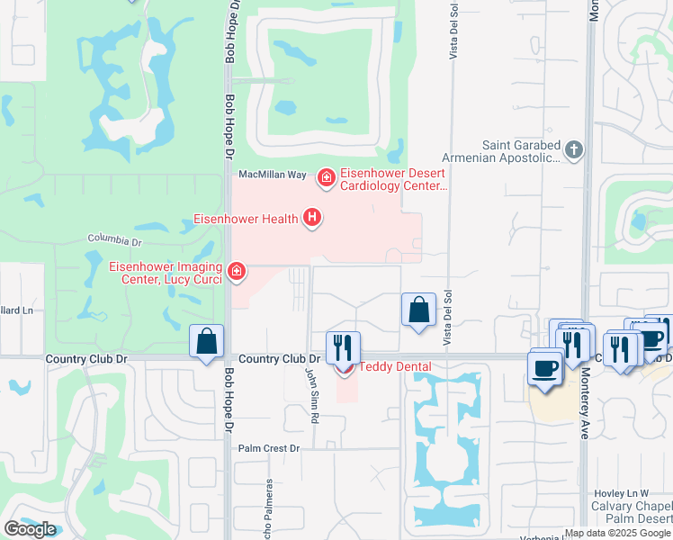 map of restaurants, bars, coffee shops, grocery stores, and more near 72325 Roxbury Drive in Rancho Mirage