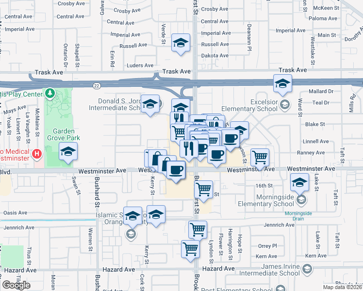 map of restaurants, bars, coffee shops, grocery stores, and more near in Garden Grove