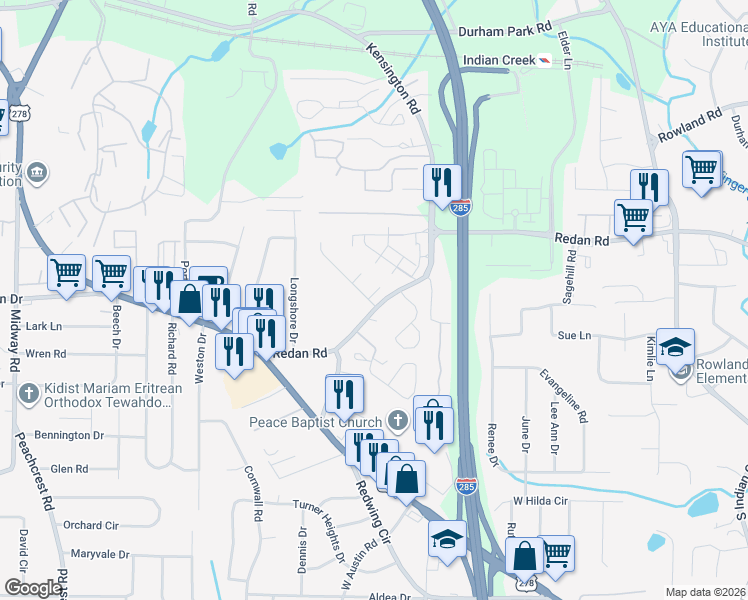 map of restaurants, bars, coffee shops, grocery stores, and more near 1116 Oakwood Manor Court in Decatur