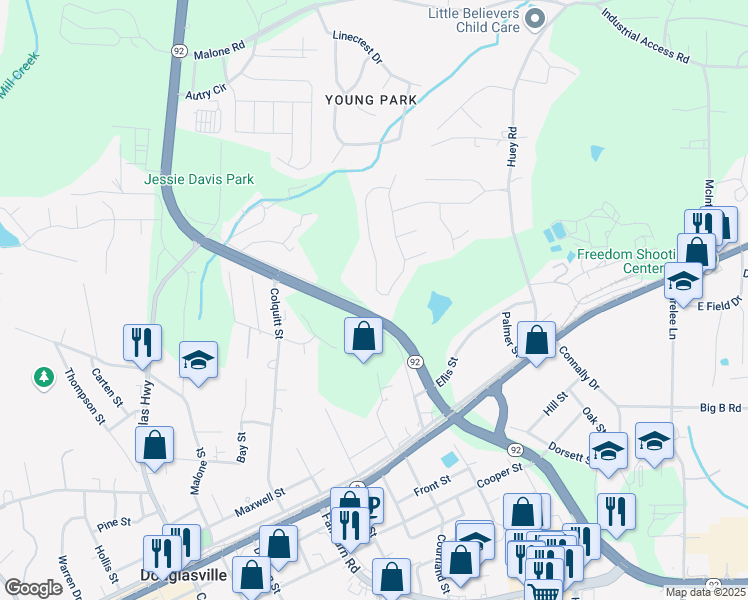 map of restaurants, bars, coffee shops, grocery stores, and more near 6420 Harvester Circle in Douglasville