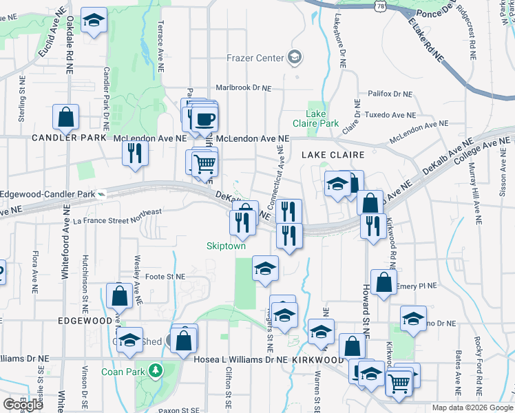 map of restaurants, bars, coffee shops, grocery stores, and more near 271 Arizona Avenue Northeast in Atlanta