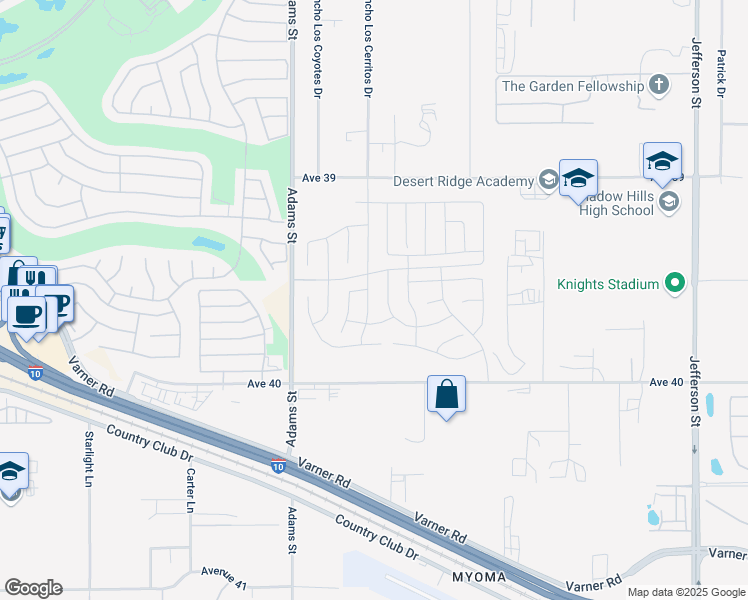 map of restaurants, bars, coffee shops, grocery stores, and more near 39500 Majorca Drive South in Indio