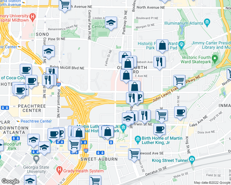 map of restaurants, bars, coffee shops, grocery stores, and more near Jackson St NE & Freedom Park Trail in Atlanta