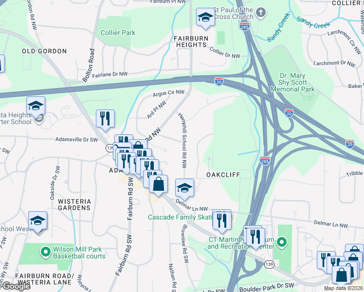 map of restaurants, bars, coffee shops, grocery stores, and more near 240 Hemphill School Road Northwest in Atlanta
