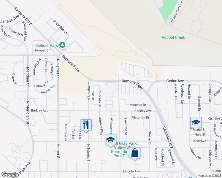 map of restaurants, bars, coffee shops, grocery stores, and more near 881 North Lake Street in Hemet