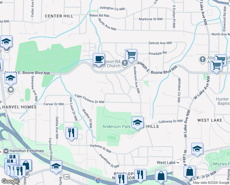 map of restaurants, bars, coffee shops, grocery stores, and more near 2041 Morehouse Drive Northwest in Atlanta