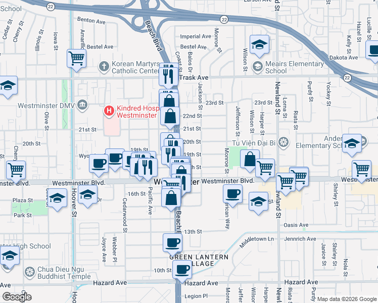 map of restaurants, bars, coffee shops, grocery stores, and more near 8061 19th Street in Westminster
