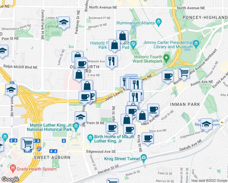 map of restaurants, bars, coffee shops, grocery stores, and more near Highland Ave NE & Glen Iris Dr NE in Atlanta