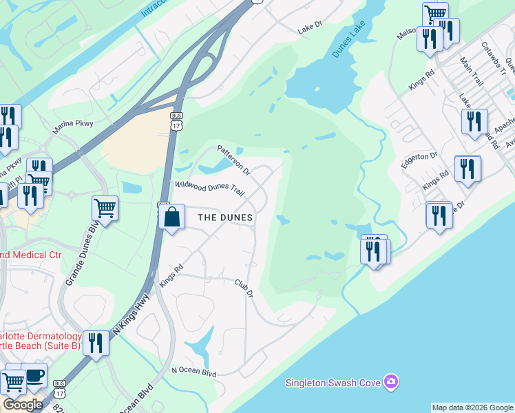 map of restaurants, bars, coffee shops, grocery stores, and more near 9201 Kings Road in Myrtle Beach