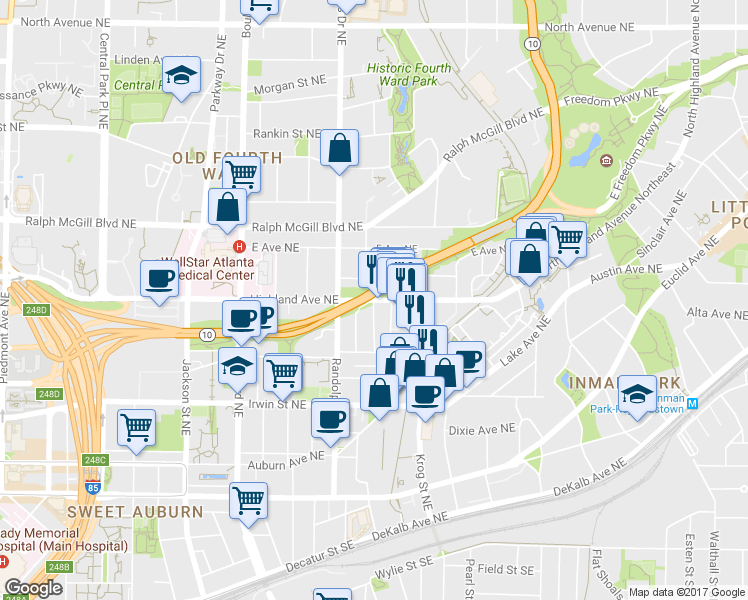 map of restaurants, bars, coffee shops, grocery stores, and more near Highland Ave NE & Corley St NE in Atlanta