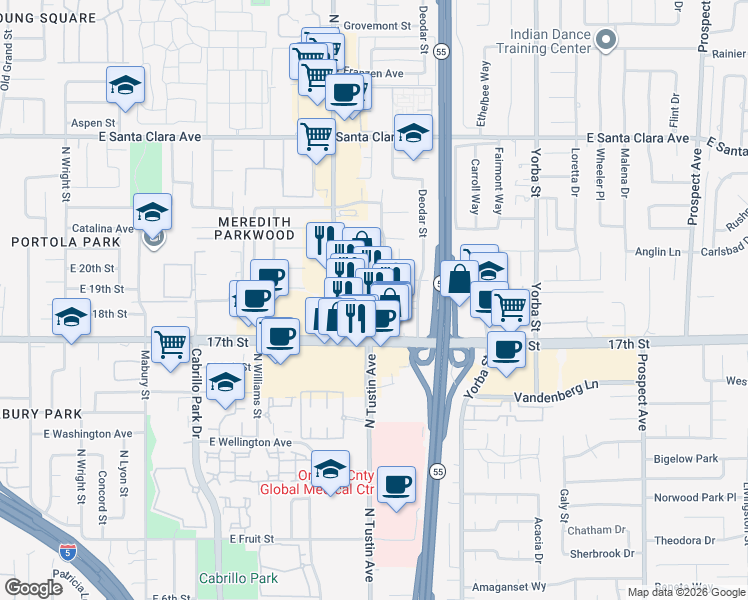 map of restaurants, bars, coffee shops, grocery stores, and more near 2232 Lenita Lane in Santa Ana