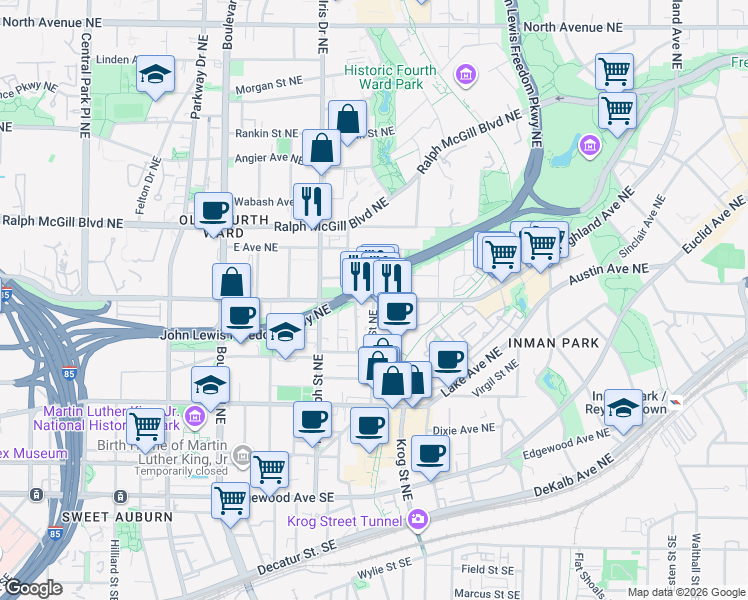 map of restaurants, bars, coffee shops, grocery stores, and more near Highland Ave NE & Sampson St NE in Atlanta