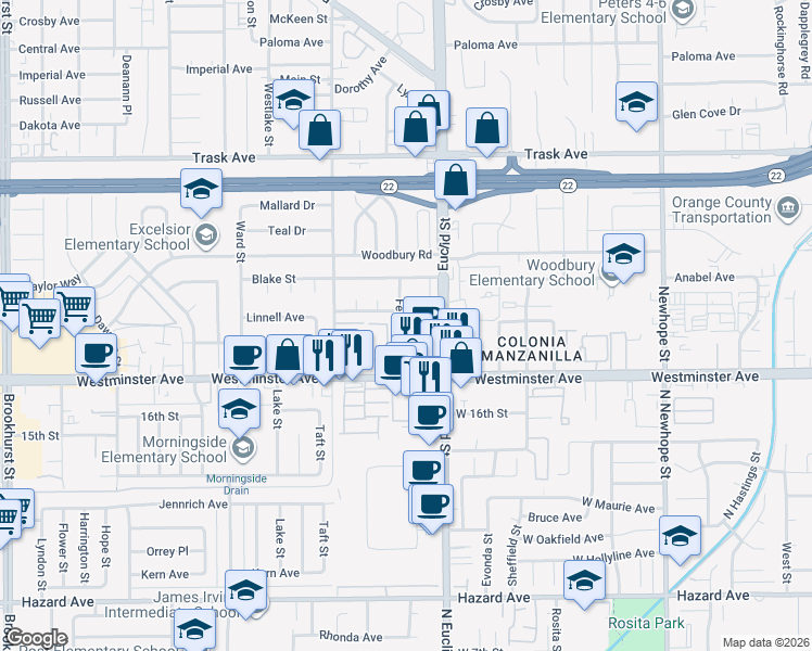 map of restaurants, bars, coffee shops, grocery stores, and more near 10912 Mansor Avenue in Garden Grove