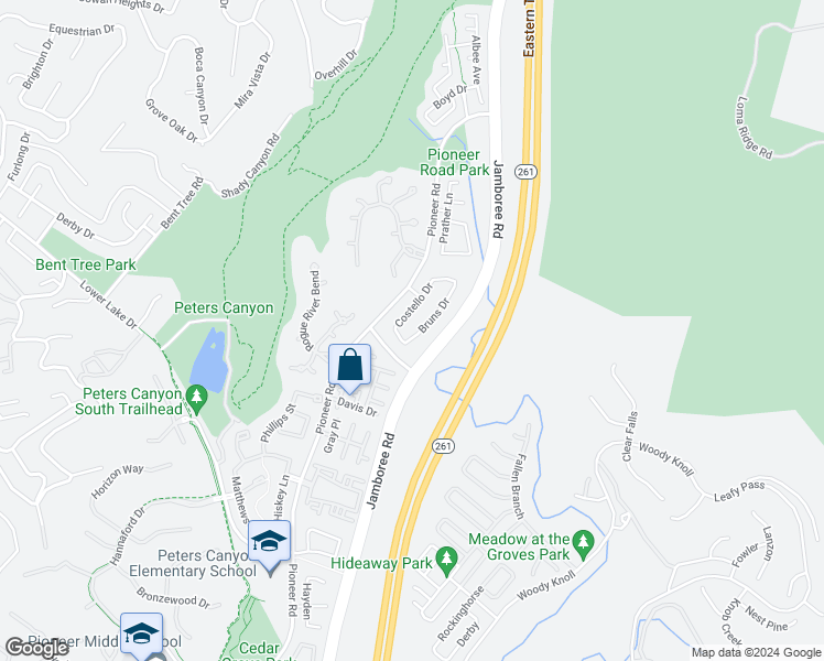 map of restaurants, bars, coffee shops, grocery stores, and more near 10655 Bruns Drive in Tustin