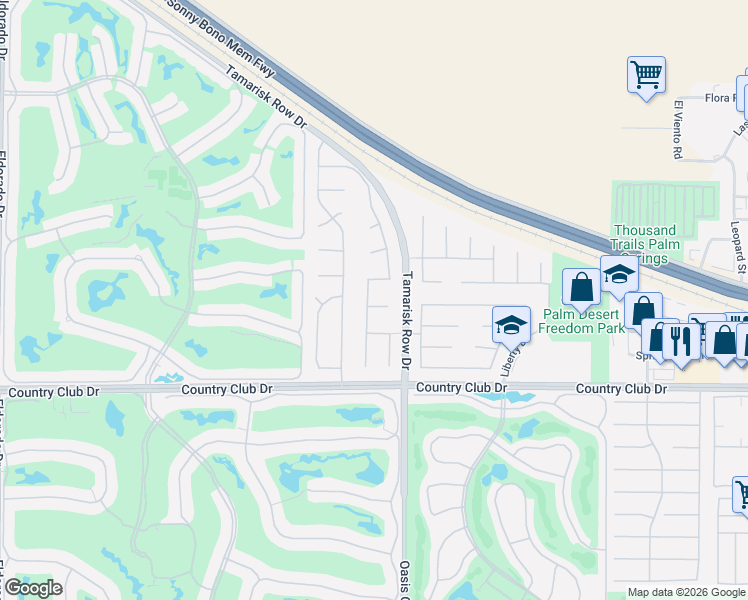 map of restaurants, bars, coffee shops, grocery stores, and more near 76947 Tricia Lane in Palm Desert