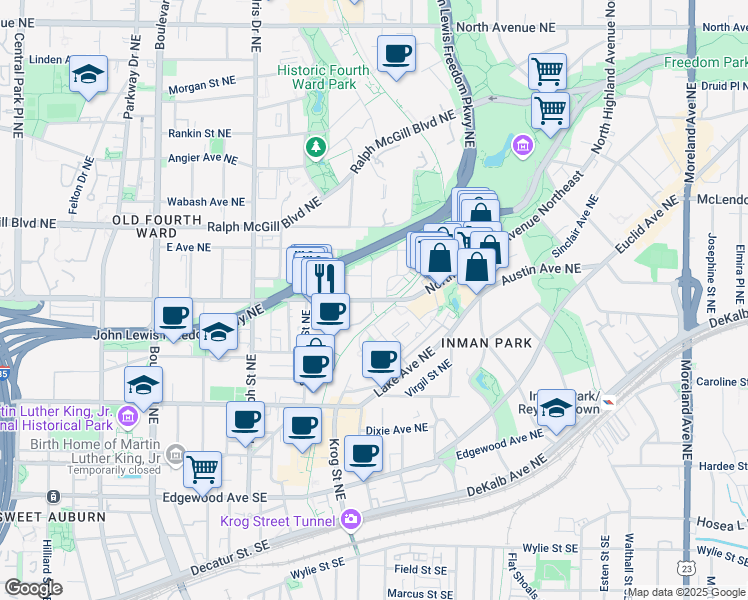 map of restaurants, bars, coffee shops, grocery stores, and more near 200 North Highland Avenue Northeast in Atlanta