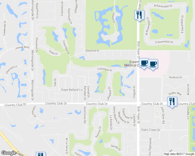 map of restaurants, bars, coffee shops, grocery stores, and more near 8 Rutgers Court in Rancho Mirage