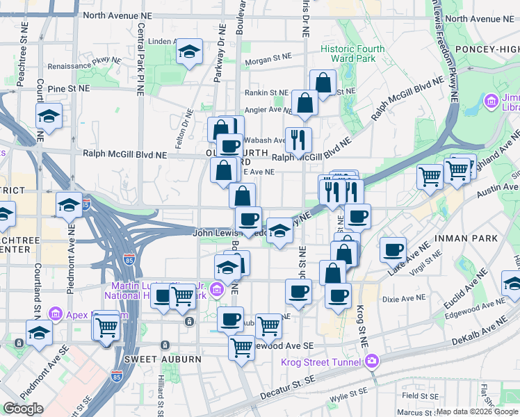 map of restaurants, bars, coffee shops, grocery stores, and more near Highland Avenue Northeast in Atlanta