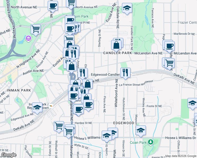 map of restaurants, bars, coffee shops, grocery stores, and more near 1300 DeKalb Avenue Northeast in Atlanta