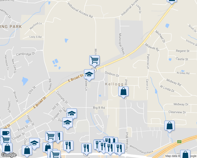 map of restaurants, bars, coffee shops, grocery stores, and more near 7987 East Field Drive in Douglasville