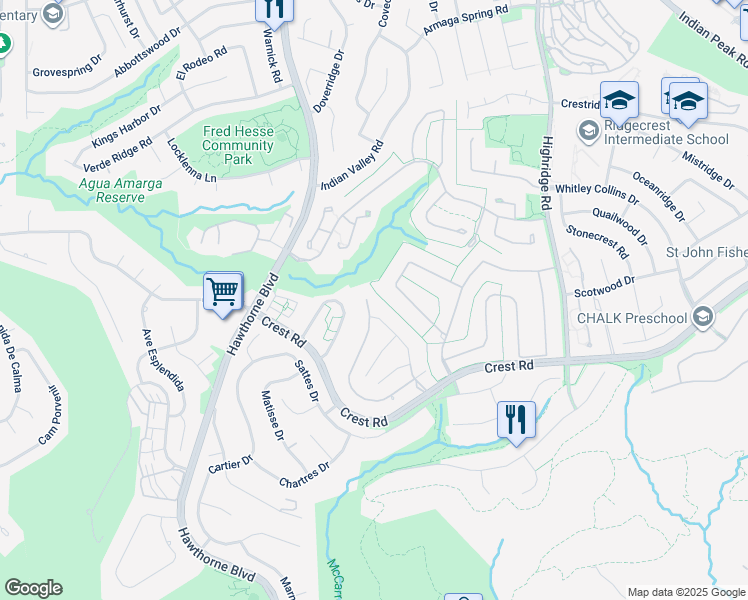 map of restaurants, bars, coffee shops, grocery stores, and more near Santa Cruz in Rolling Hills Estates