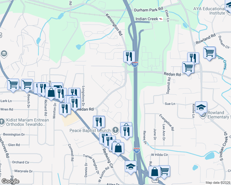 map of restaurants, bars, coffee shops, grocery stores, and more near 1116 Oakwood Manor Court in Decatur
