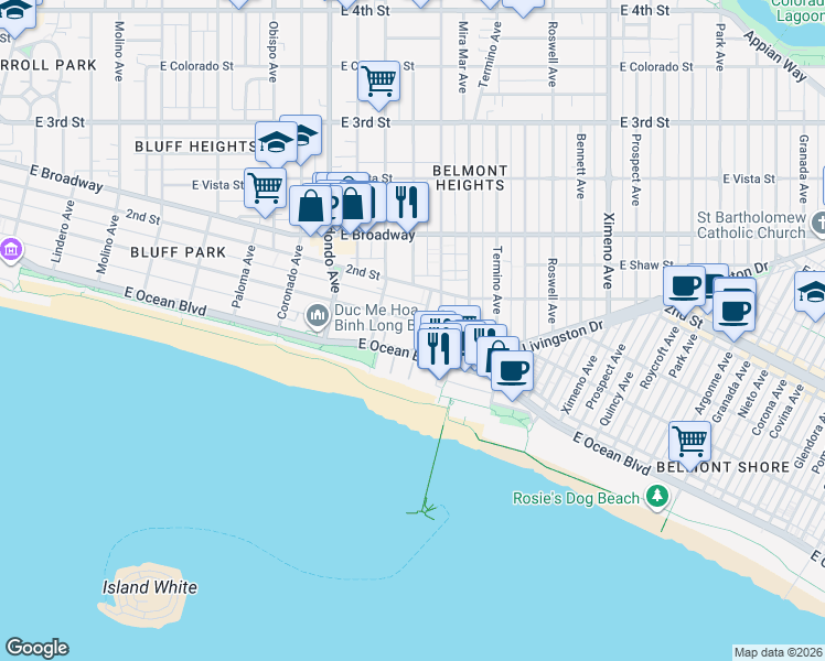 map of restaurants, bars, coffee shops, grocery stores, and more near 3656 East First Street in Long Beach
