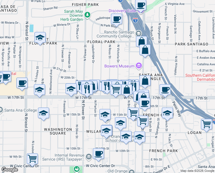 map of restaurants, bars, coffee shops, grocery stores, and more near 511 West 19th Street in Santa Ana