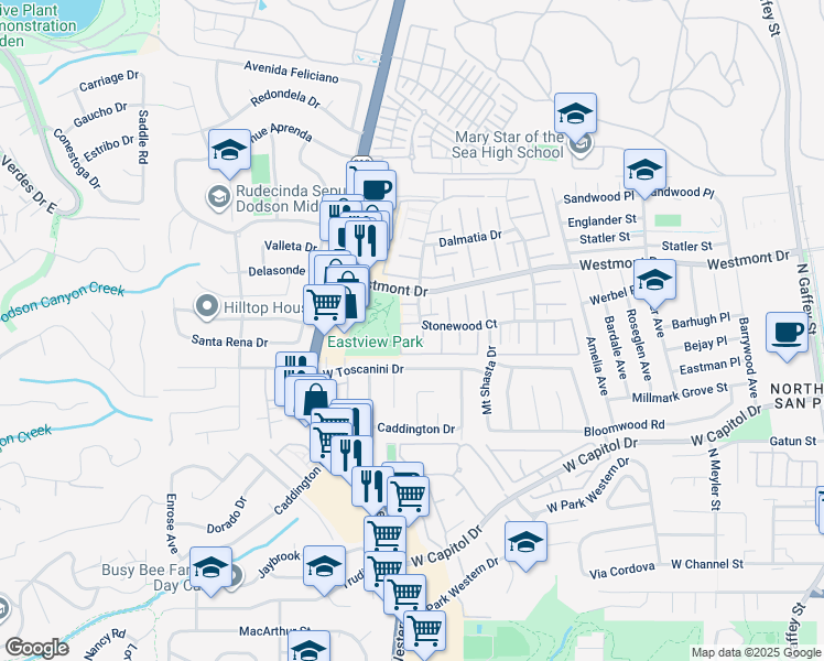 map of restaurants, bars, coffee shops, grocery stores, and more near 1528 Stonewood Ct in San Pedro
